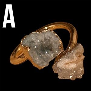 NEW Stunning 18K Gold Plated White Amethyst Double Geode Adjustable Ring “A”